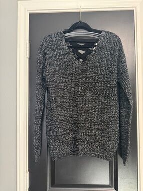SO Black & Gray Lace Up V-Neck Sweater